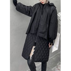 Bohemian Black Hooded Plaid Patchwork Fine Cotton Filled coats Winter