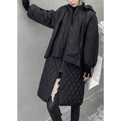 Bohemian Black Hooded Plaid Patchwork Fine Cotton Filled coats Winter