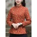 Handmade Red side open Stand Collar button Print Fine Cotton Filled tops Winter